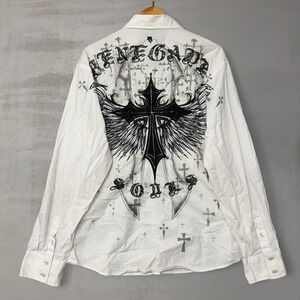 Roar Y2K Button Up Shirt White Crazy Skull Graphic Cross Studded Affliction XXL